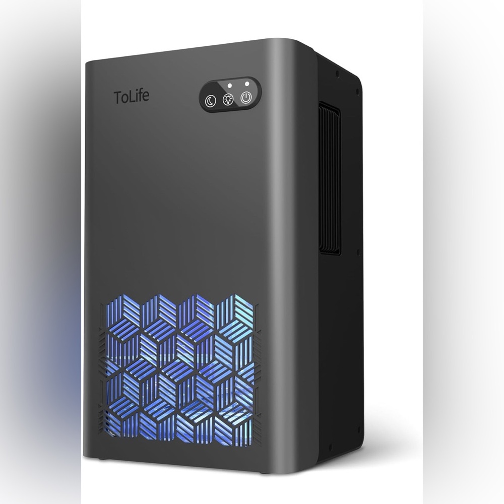 Tolife,Black Air Purifier with Blue LED Display, 1,000 sq ft capacity,95 oz tank